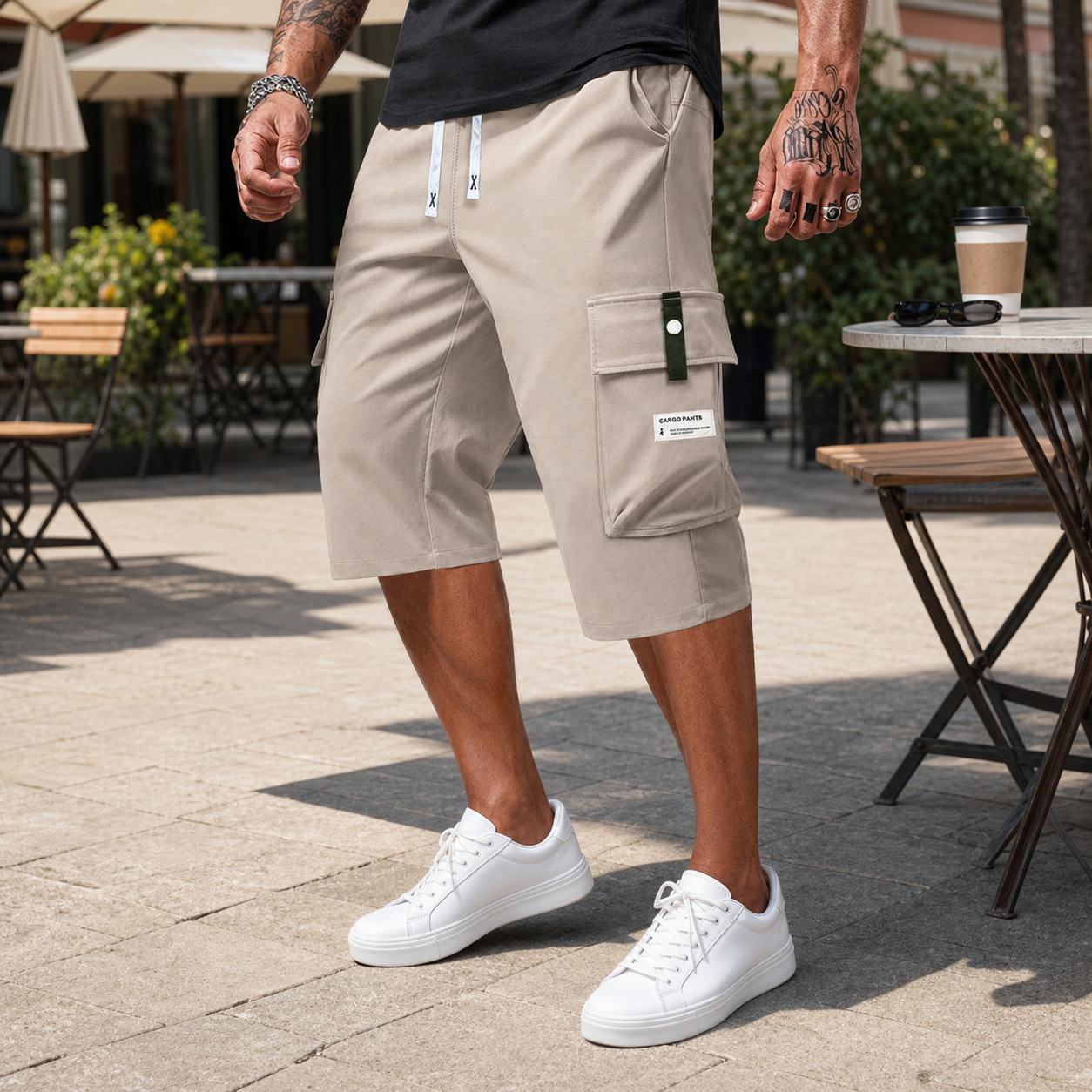 Khaki cargo shorts styled for a relaxed American weekend