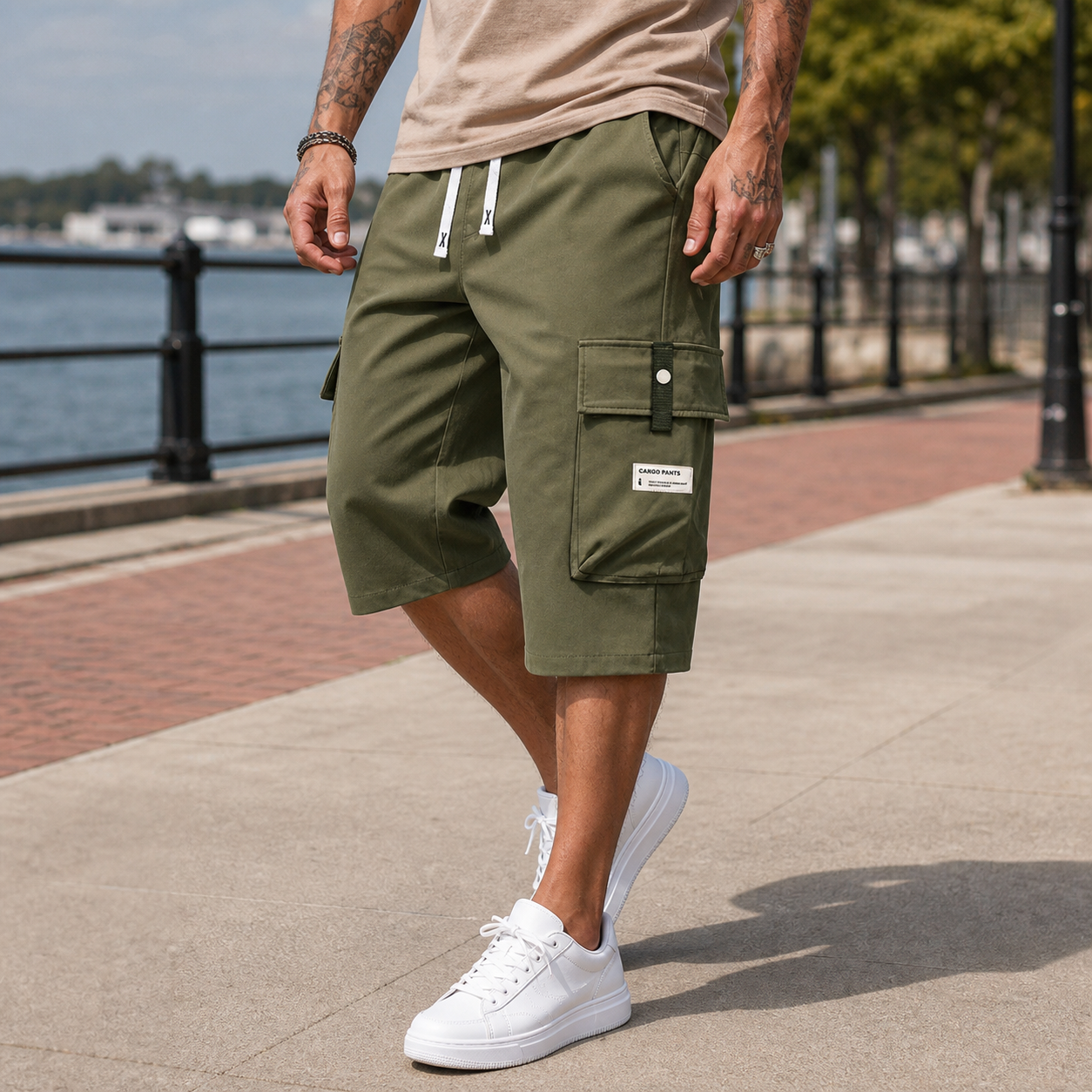 Olive cargo shorts shown in motion by an American waterfront