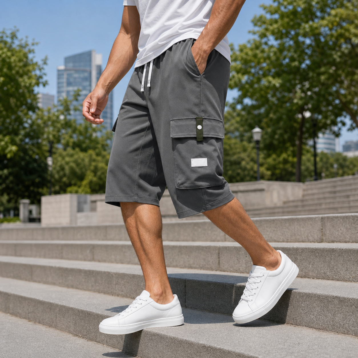 Dark gray cargo shorts with relaxed knee-length movement