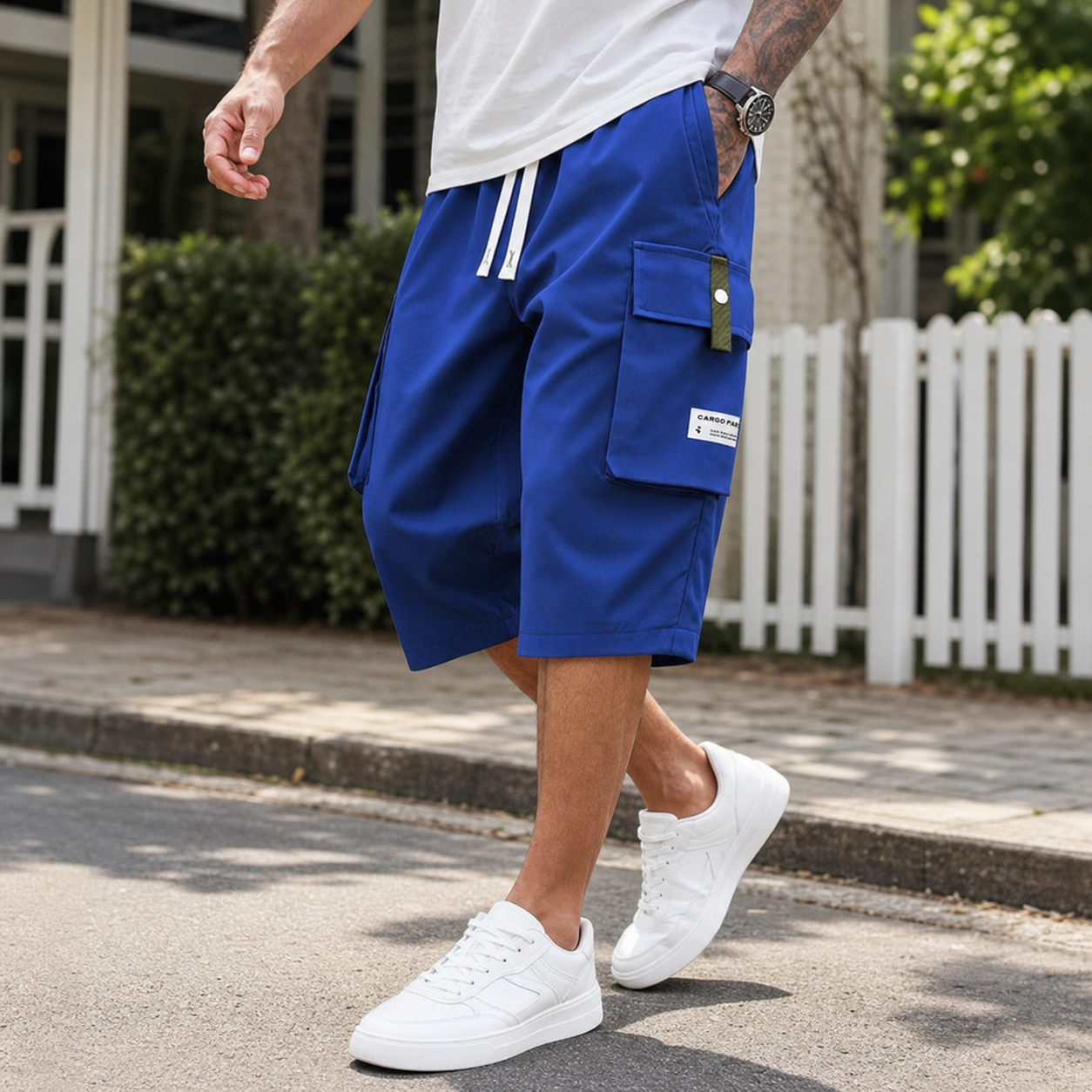 Blue cargo shorts for a casual everyday neighborhood walk