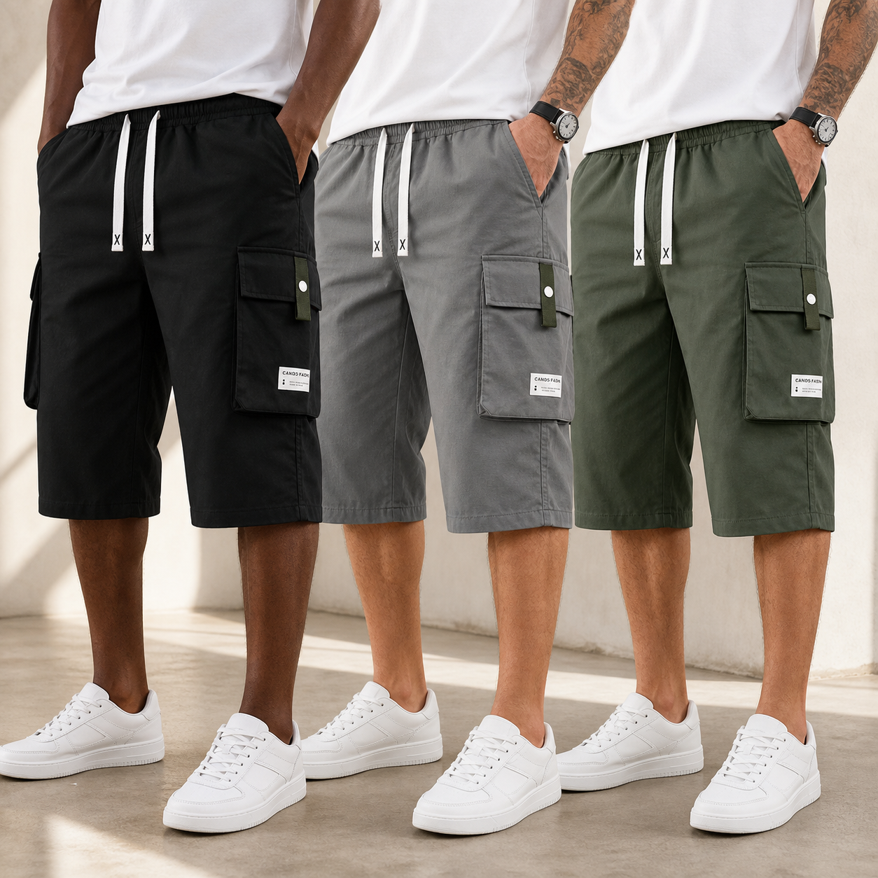 Black dark gray and olive cargo shorts color selection