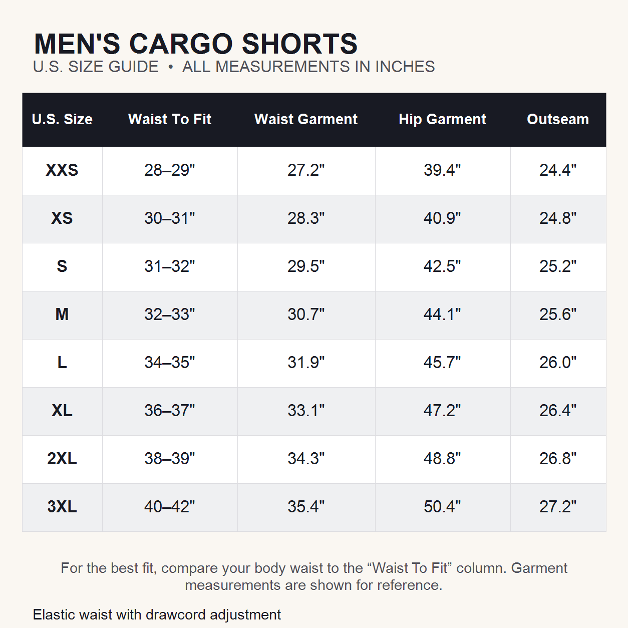 U.S. inch size guide for men's cargo shorts