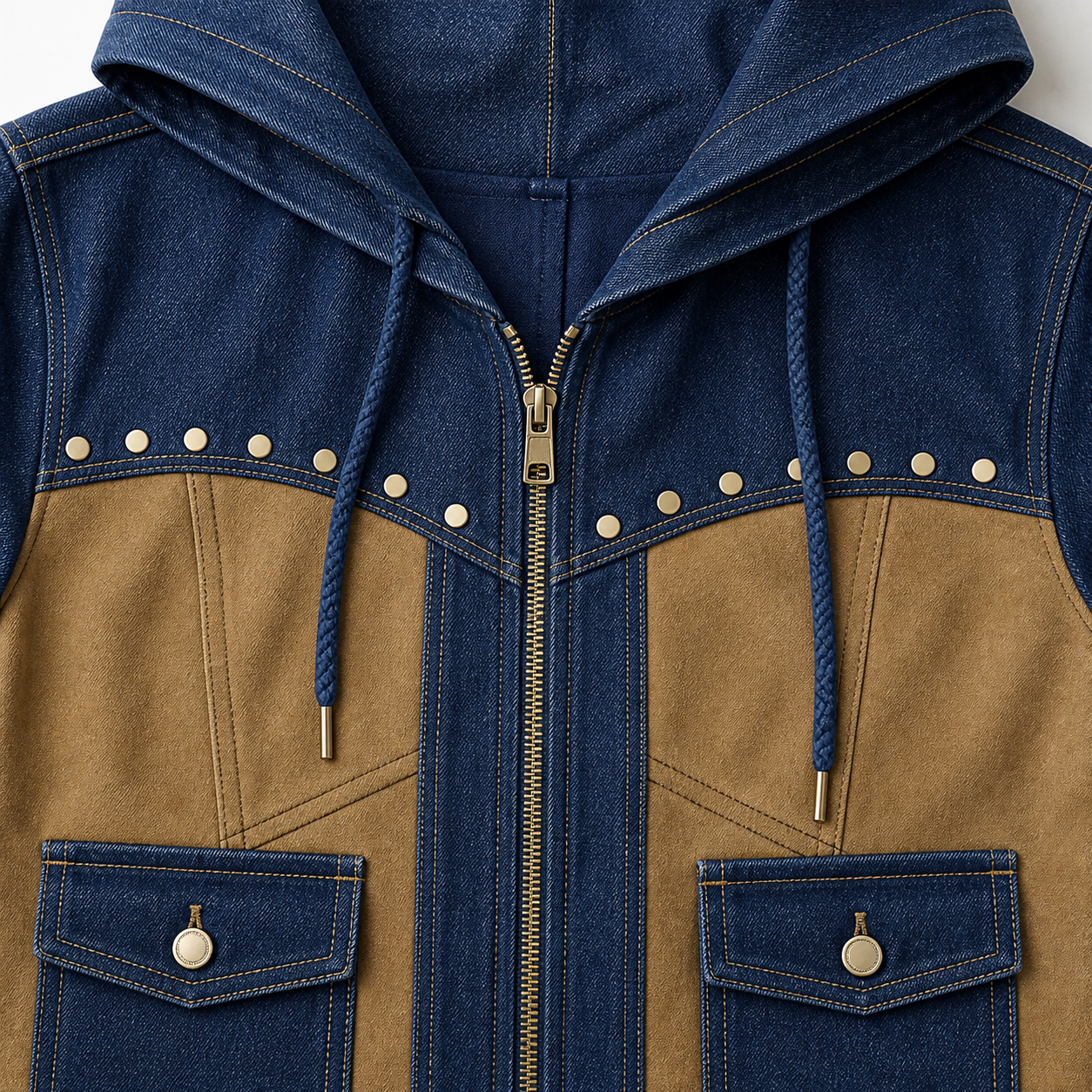 Hood zipper rivets and cargo pocket details
