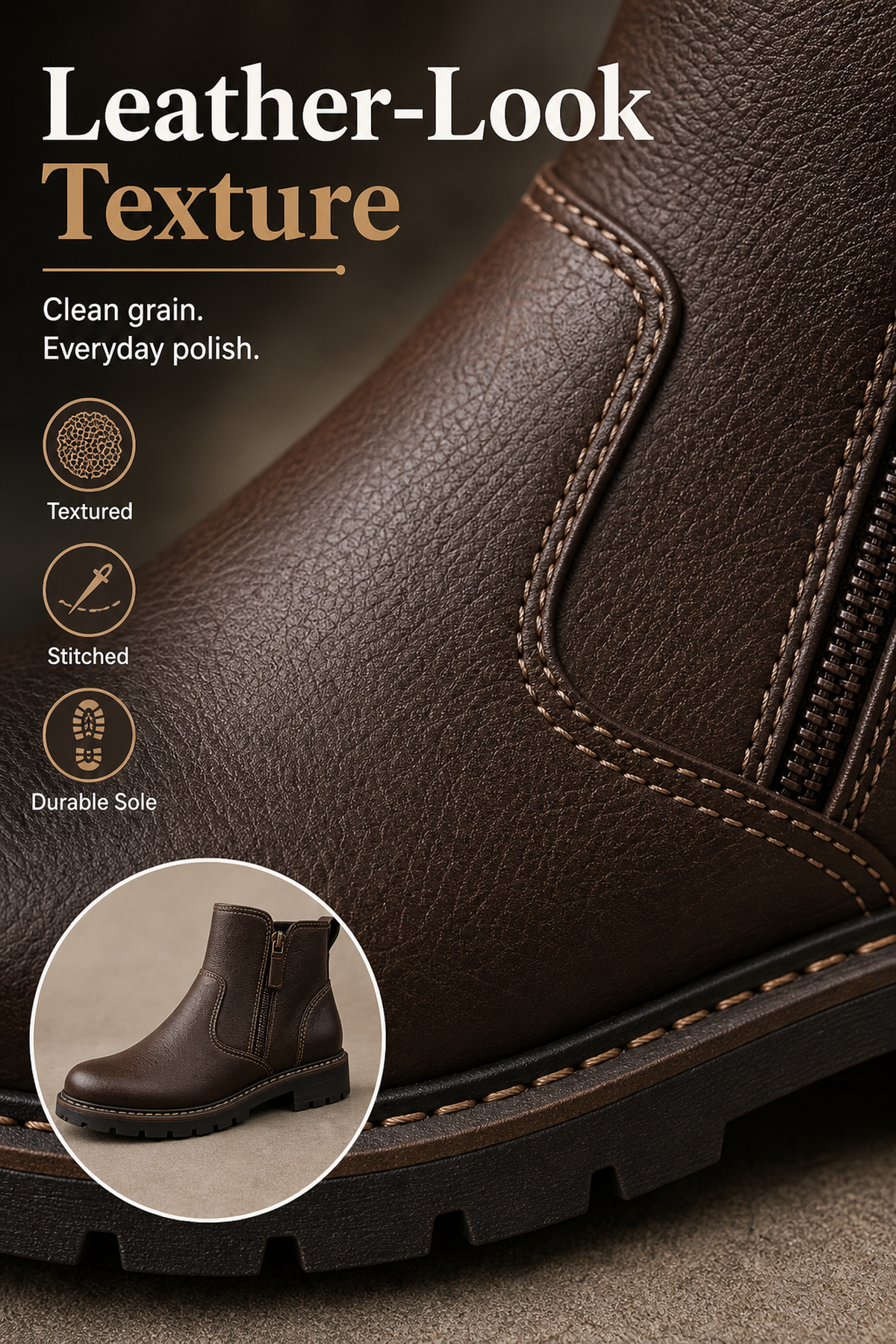 Men's Wide Toe Box Leather Boots with Side Zipper Fabric generated advertorial image