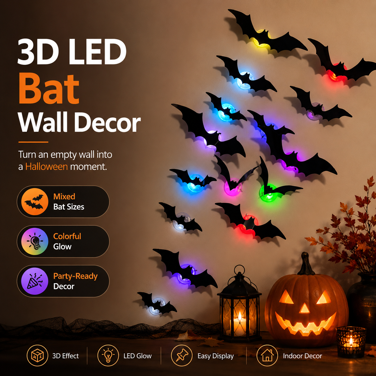 3D LED Halloween bat wall decor with colorful glow