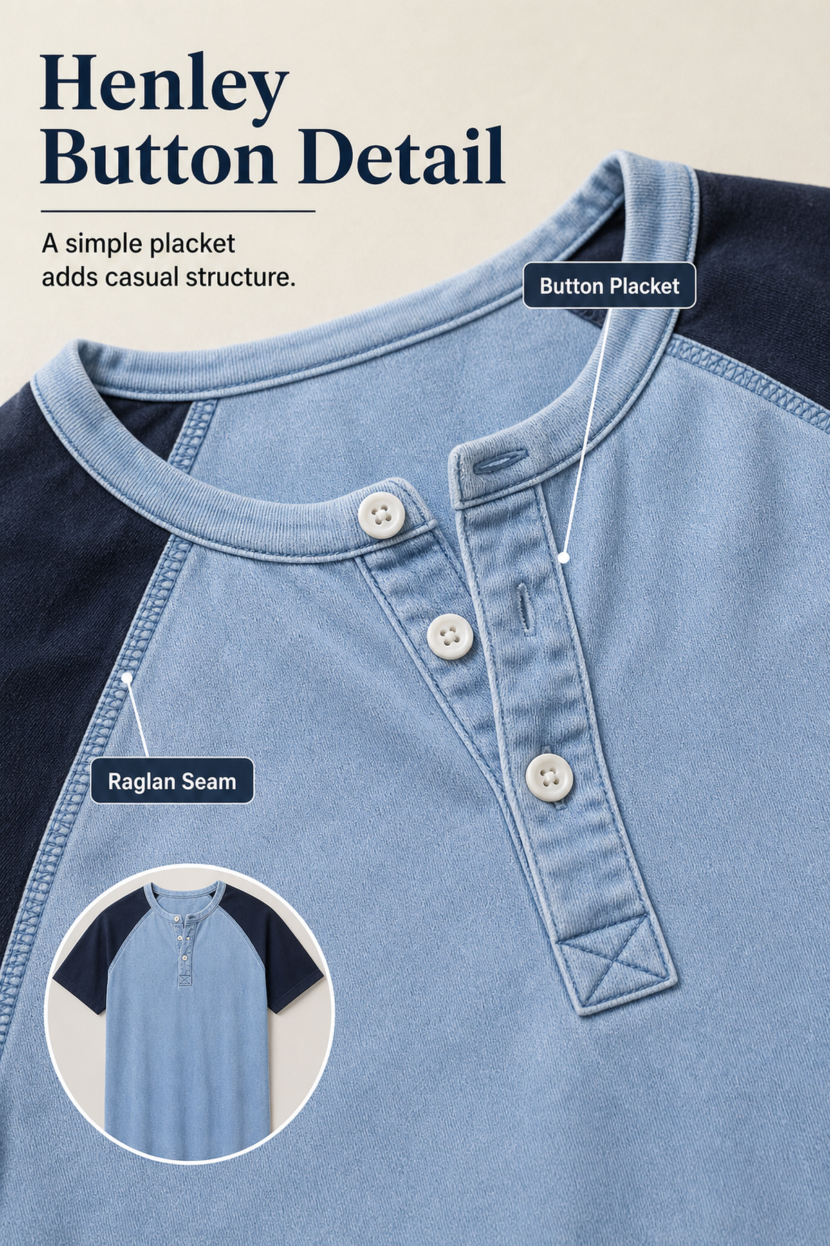 Men's Color Block Raglan Sleeve Washed Henley Tee Detail generated advertorial image