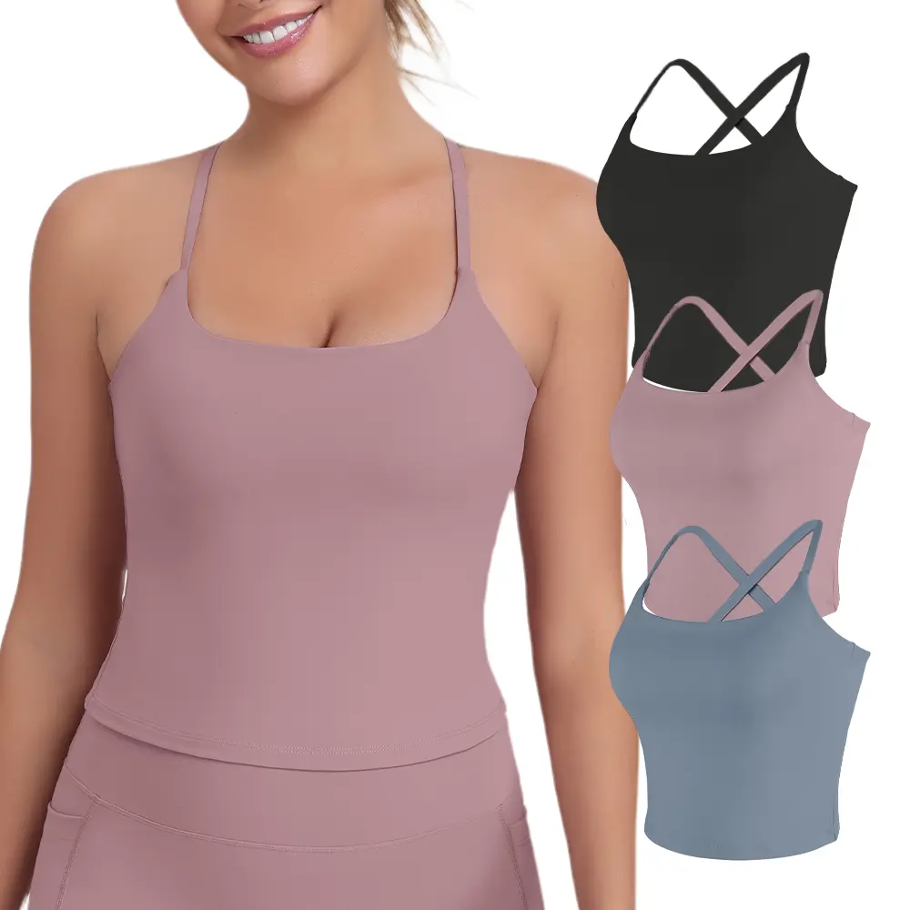 3-Pack Slim Buttery Soft Longline Sports Bra Tank Top - front view
