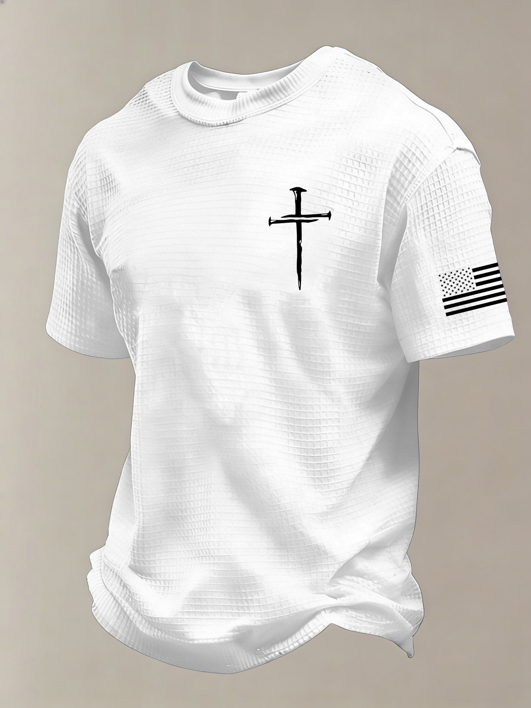 Men'S Vintage Faith Cross Flag Print Waffle-Knit Fabric T-Shirt - front view