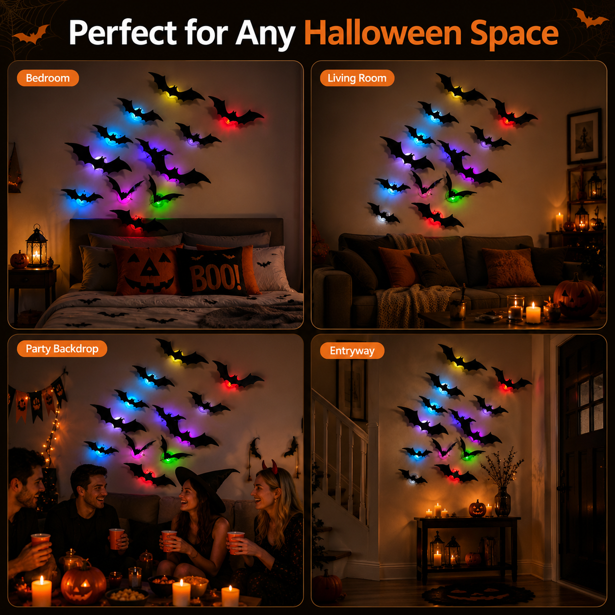 Halloween bat decor in bedroom living room party backdrop and entryway