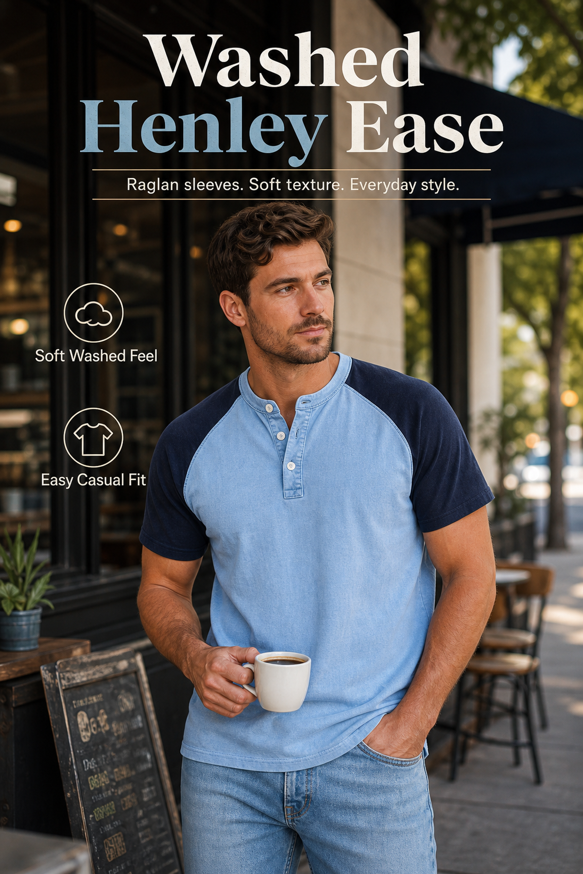 Men's Color Block Raglan Sleeve Washed Henley Tee Hero generated advertorial image