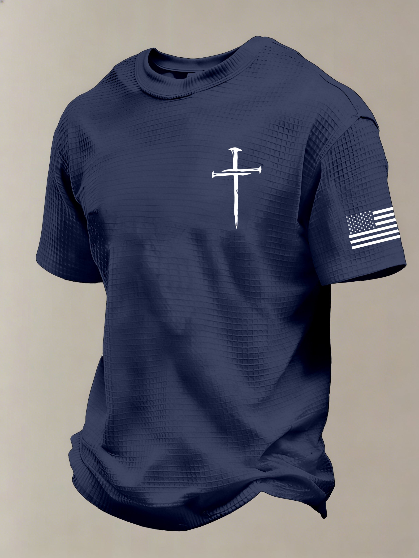 Men'S Vintage Faith Cross Flag Print Waffle-Knit Fabric T-Shirt - product image 6