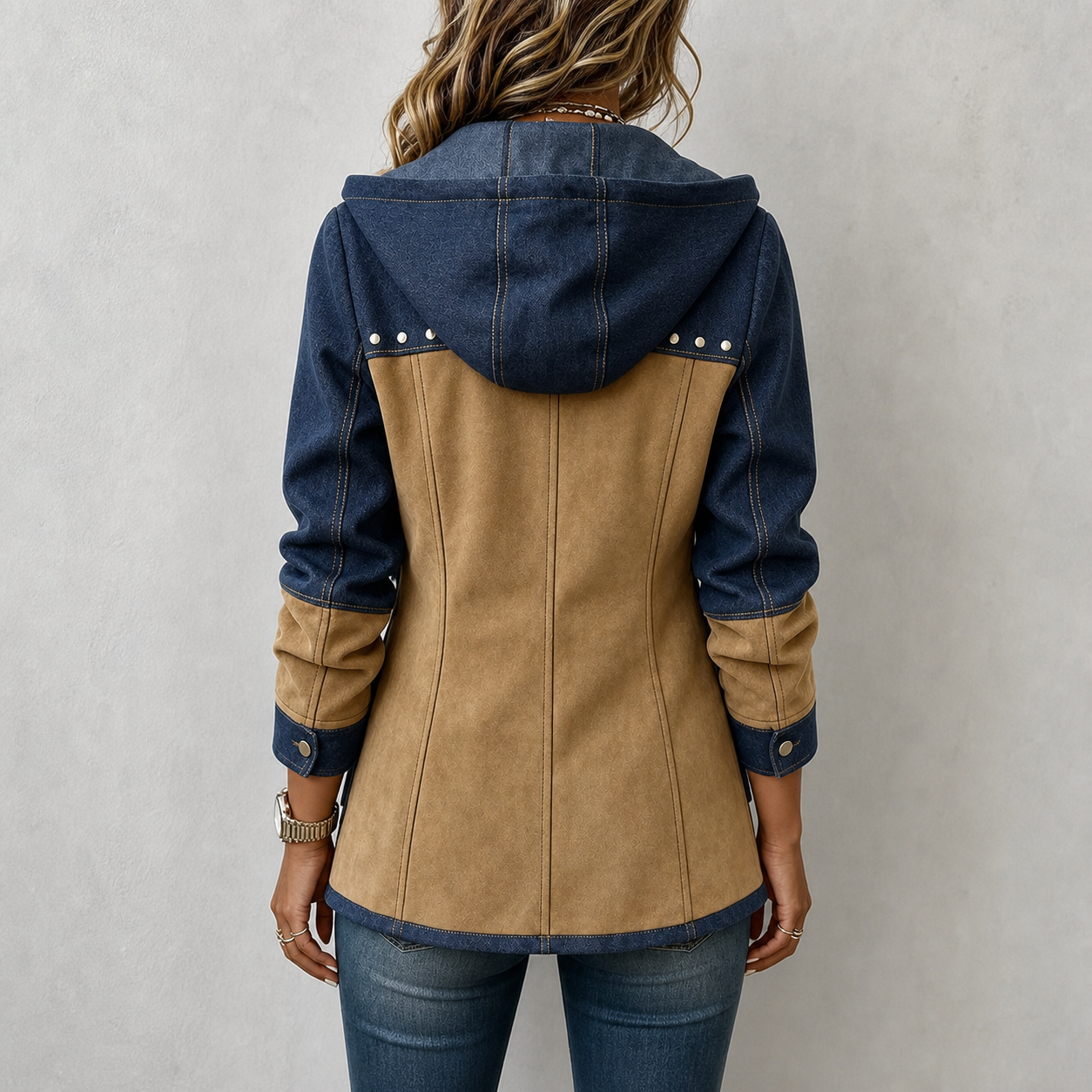 Back view of khaki denim and faux suede patchwork jacket
