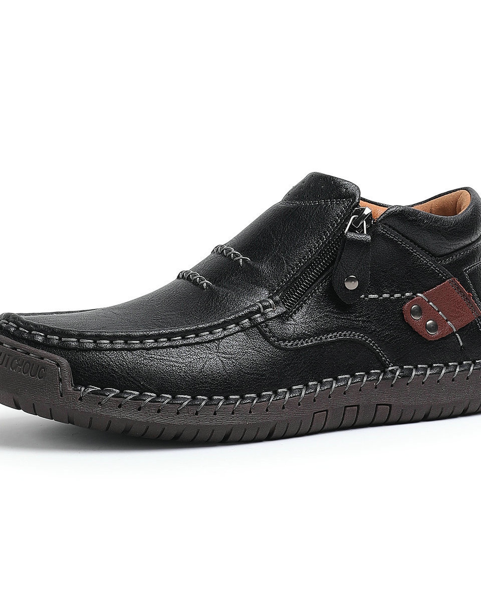 Men's Wide Toe Box Leather Boots with Side Zipper product selection - Black