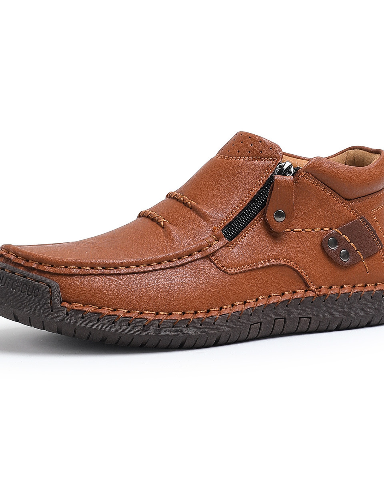 Men's Wide Toe Box Leather Boots with Side Zipper product selection - Brown