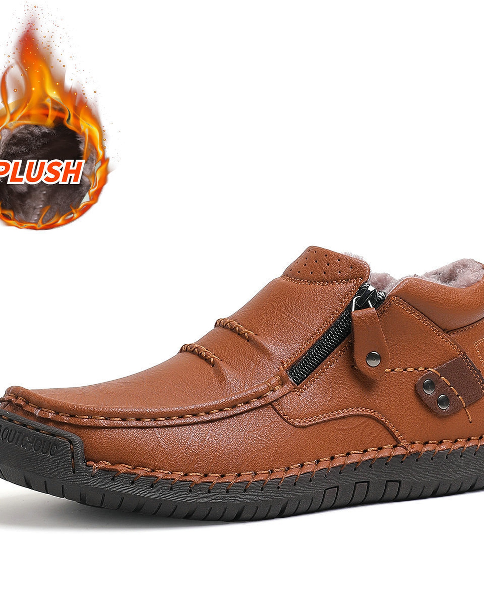 Men's Wide Toe Box Leather Boots with Side Zipper product selection - 🔥Brown (velvet)