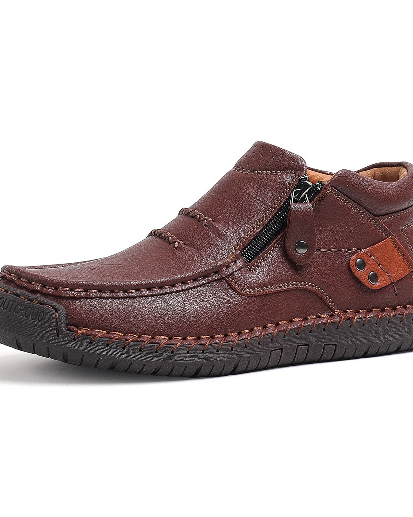 Men's Wide Toe Box Leather Boots with Side Zipper product selection - Dark Brown