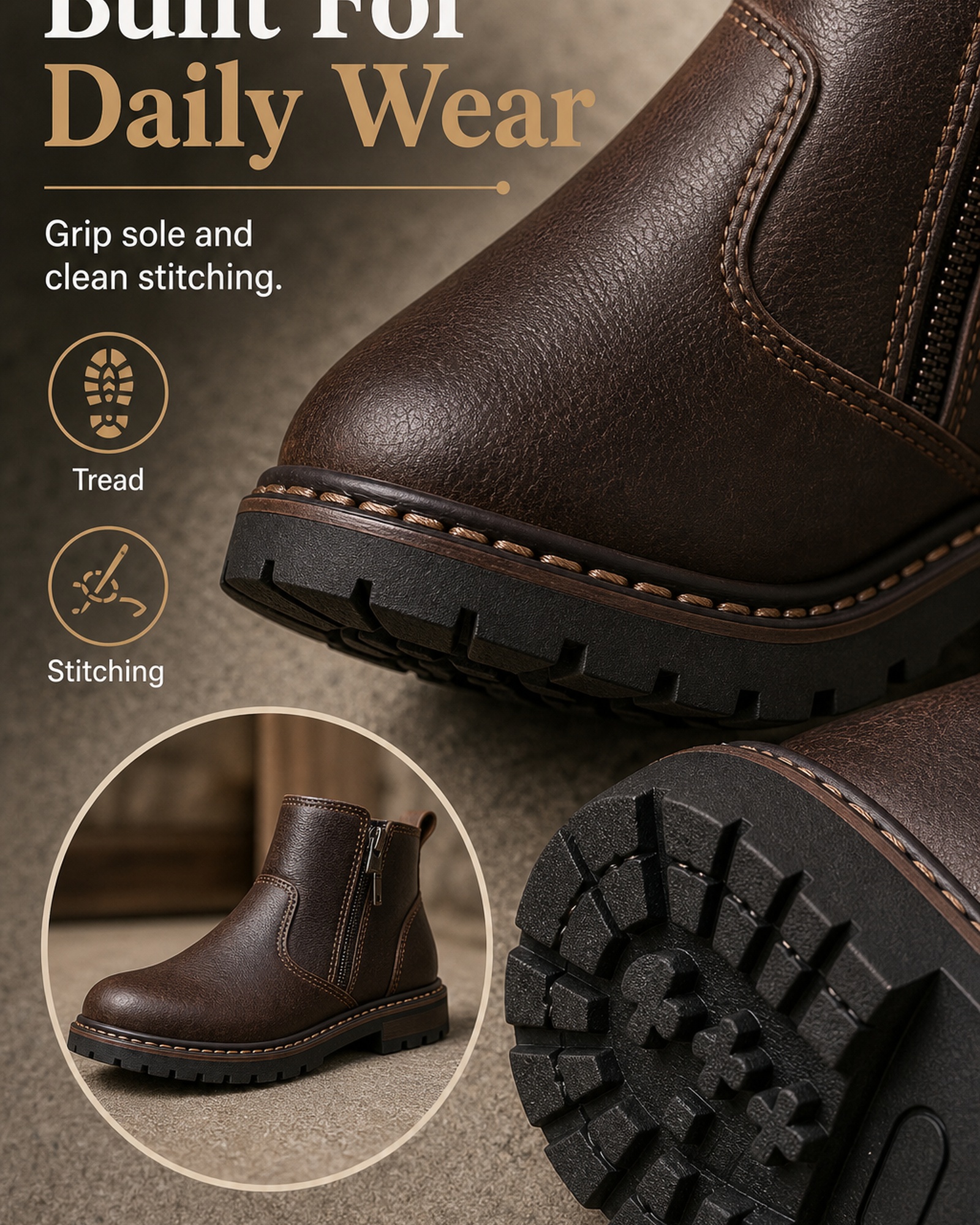 Men's Wide Toe Box Leather Boots outsole and stitching detail