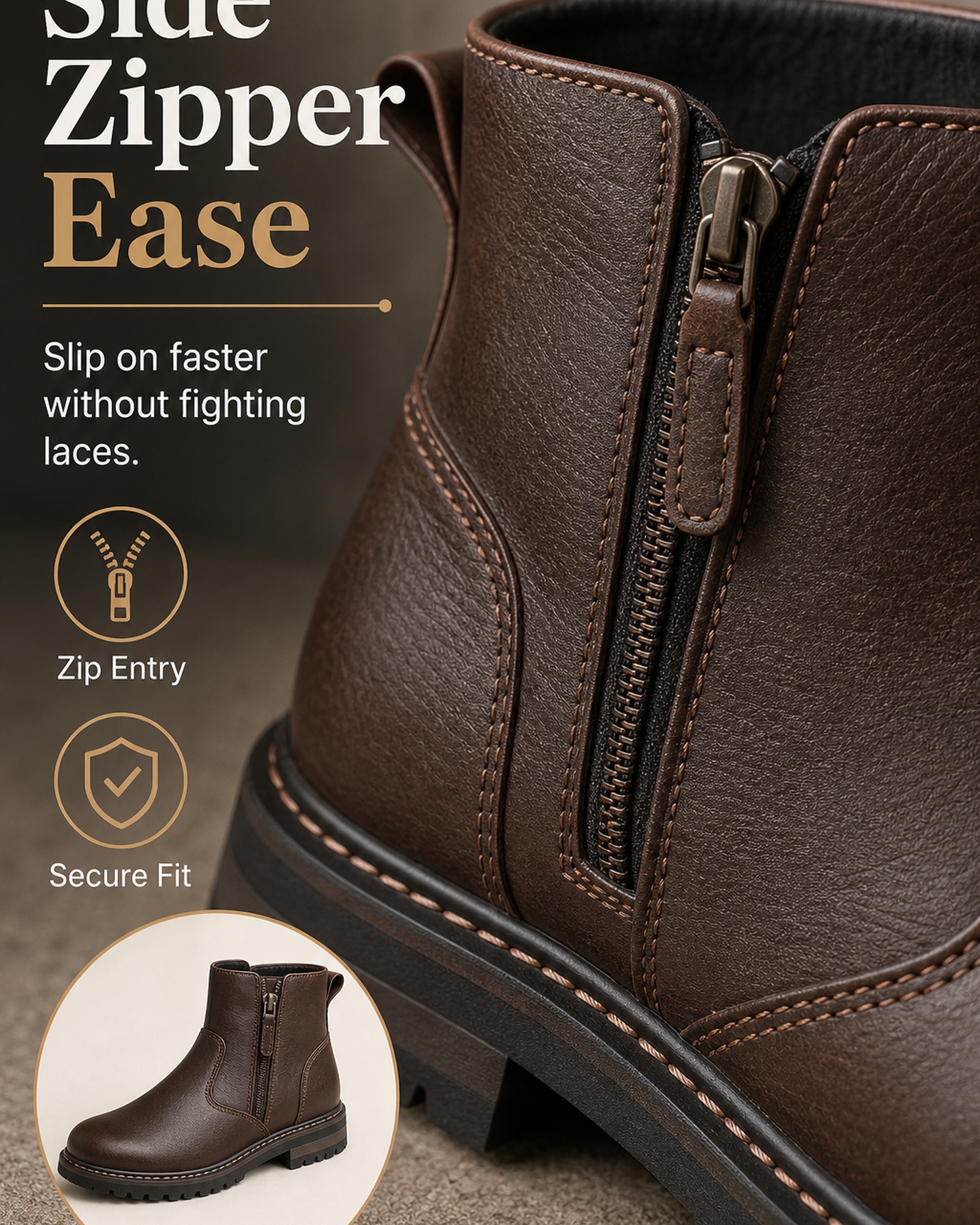Men's Wide Toe Box Leather Boots side zipper detail