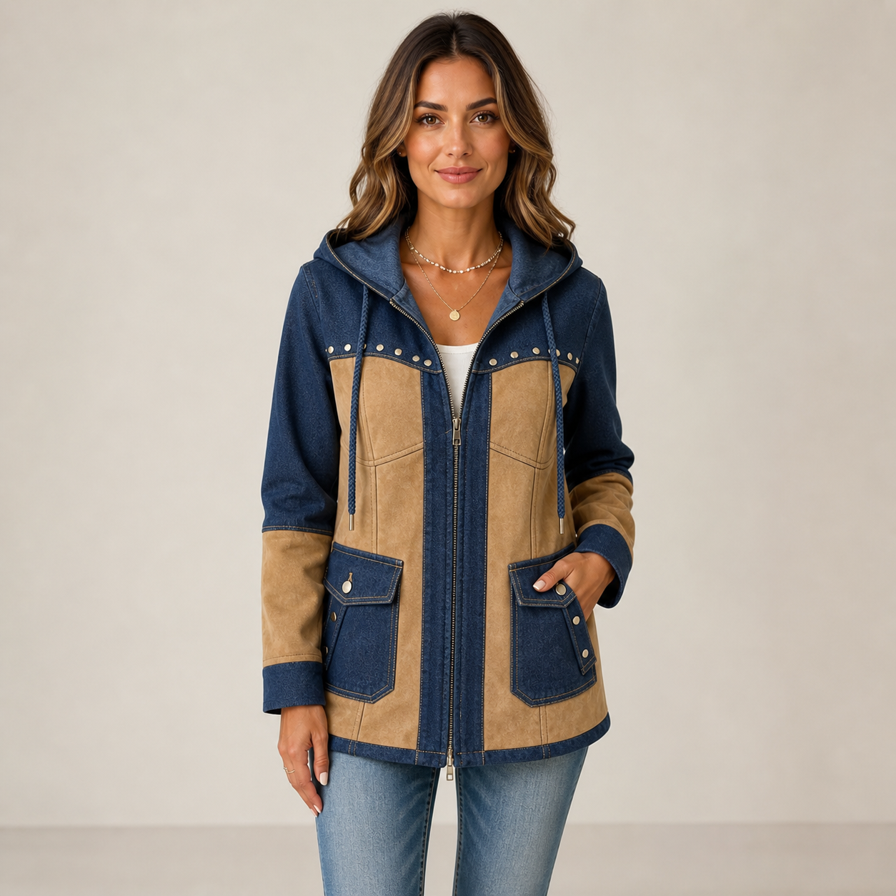 Khaki denim and faux suede patchwork hooded jacket front view