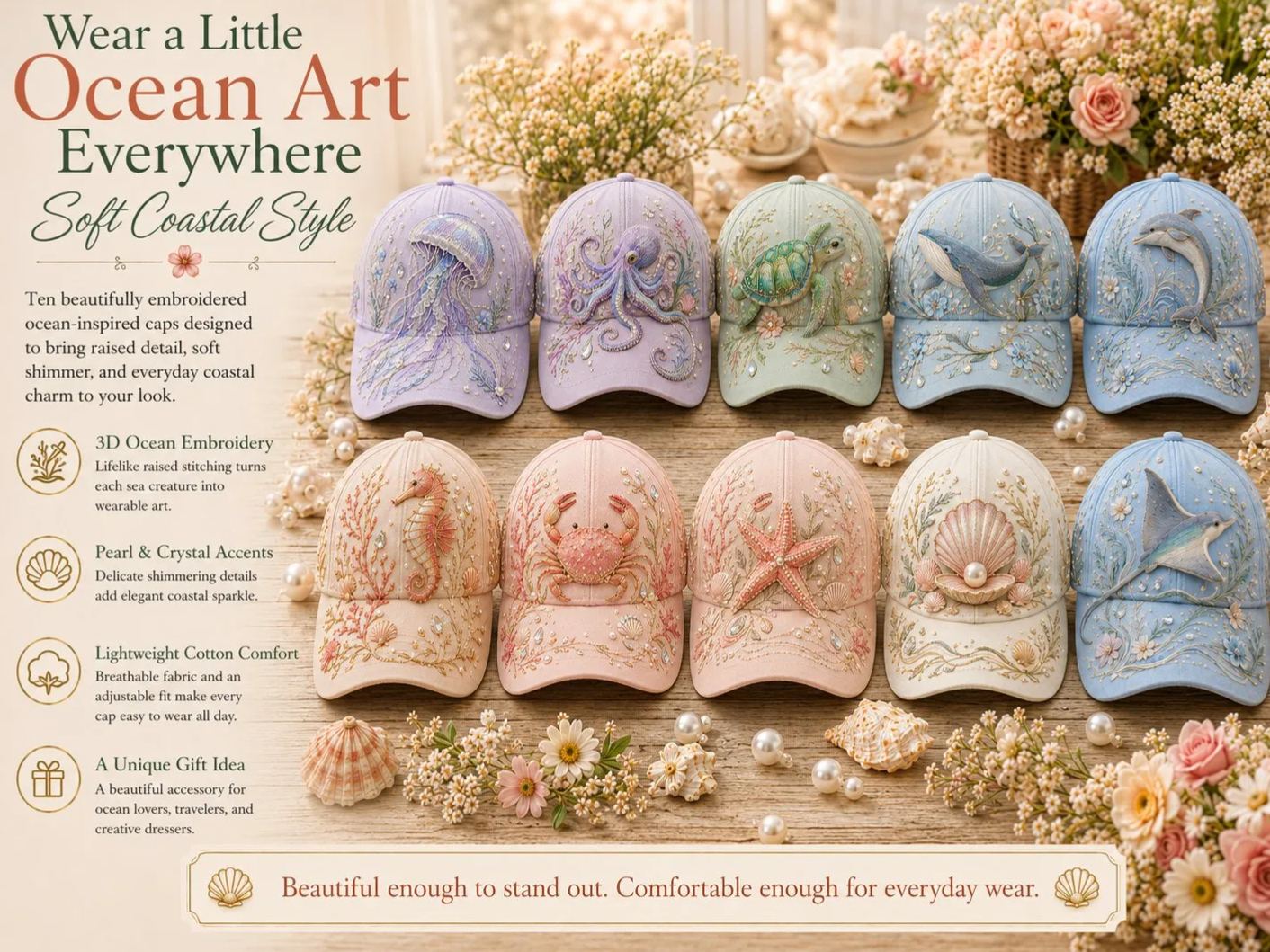 🔥 Last Day 49% OFF – Buy 3 Get 1 Free🎃🌊 3D Ocean Creatures Embroidery Cap | Pearl & Crystal Adjustable Hat for Beach, Travel & Everyday Wear