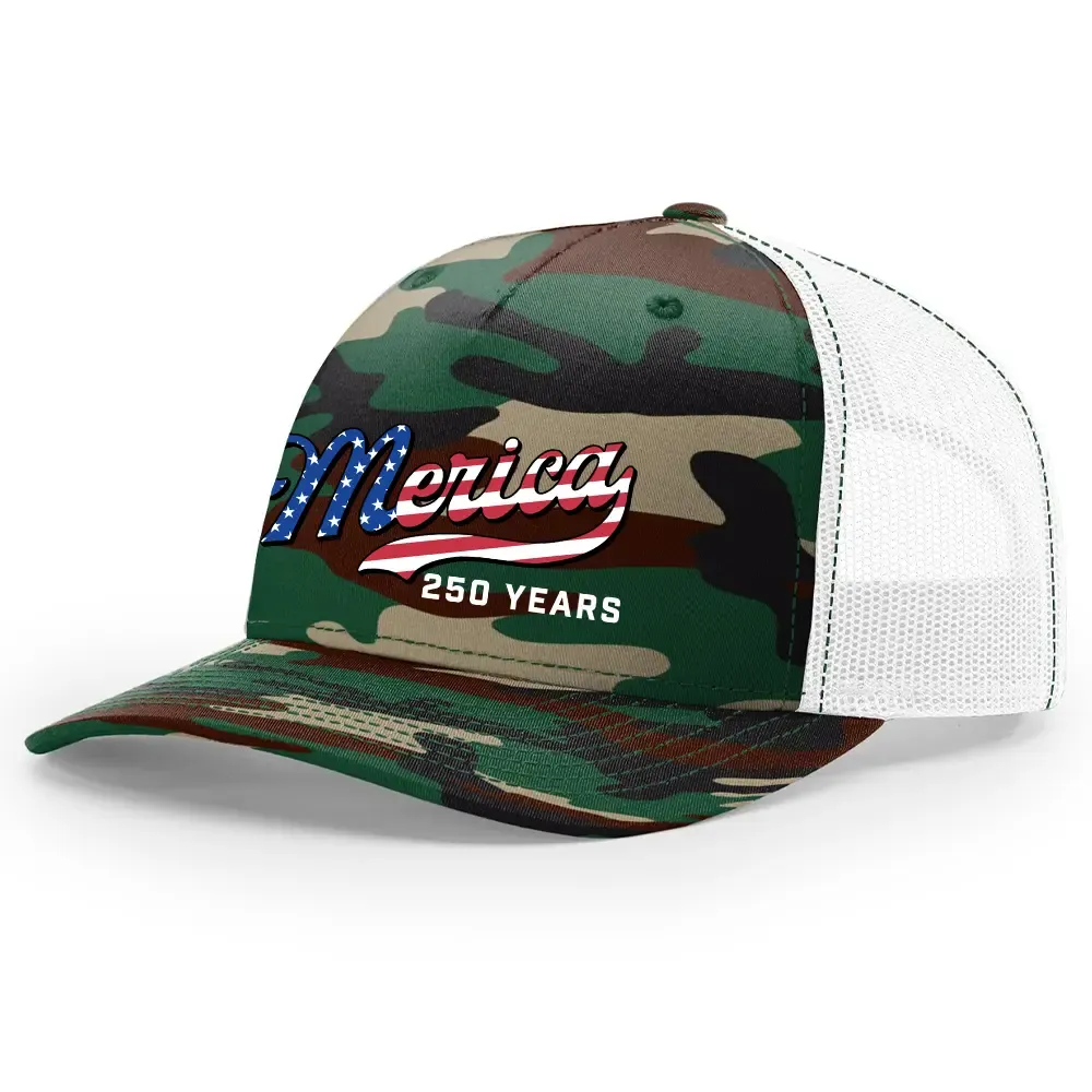 TRENZ SHIRT COMPANY Men's 250th American Anniversary Trucker Hat Patriotic USA Flag 'Merica Beer Logo Embroidered Mesh Back One Size Fits Most