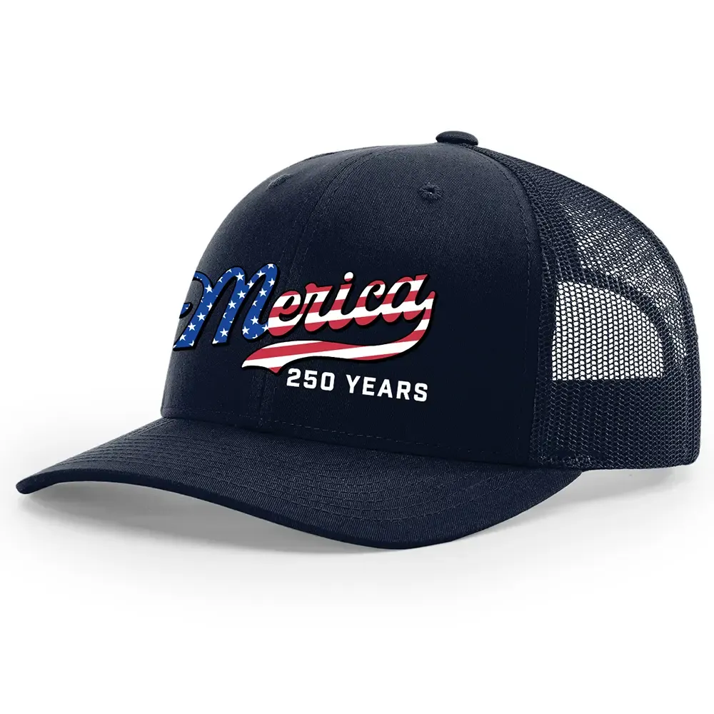 TRENZ SHIRT COMPANY Men's 250th American Anniversary Trucker Hat Patriotic USA Flag 'Merica Beer Logo Embroidered Mesh Back One Size Fits Most