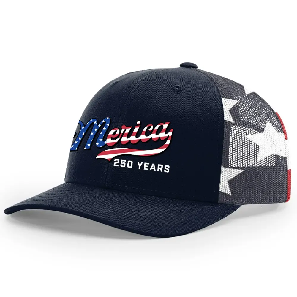 TRENZ SHIRT COMPANY Men's 250th American Anniversary Trucker Hat Patriotic USA Flag 'Merica Beer Logo Embroidered Mesh Back One Size Fits Most