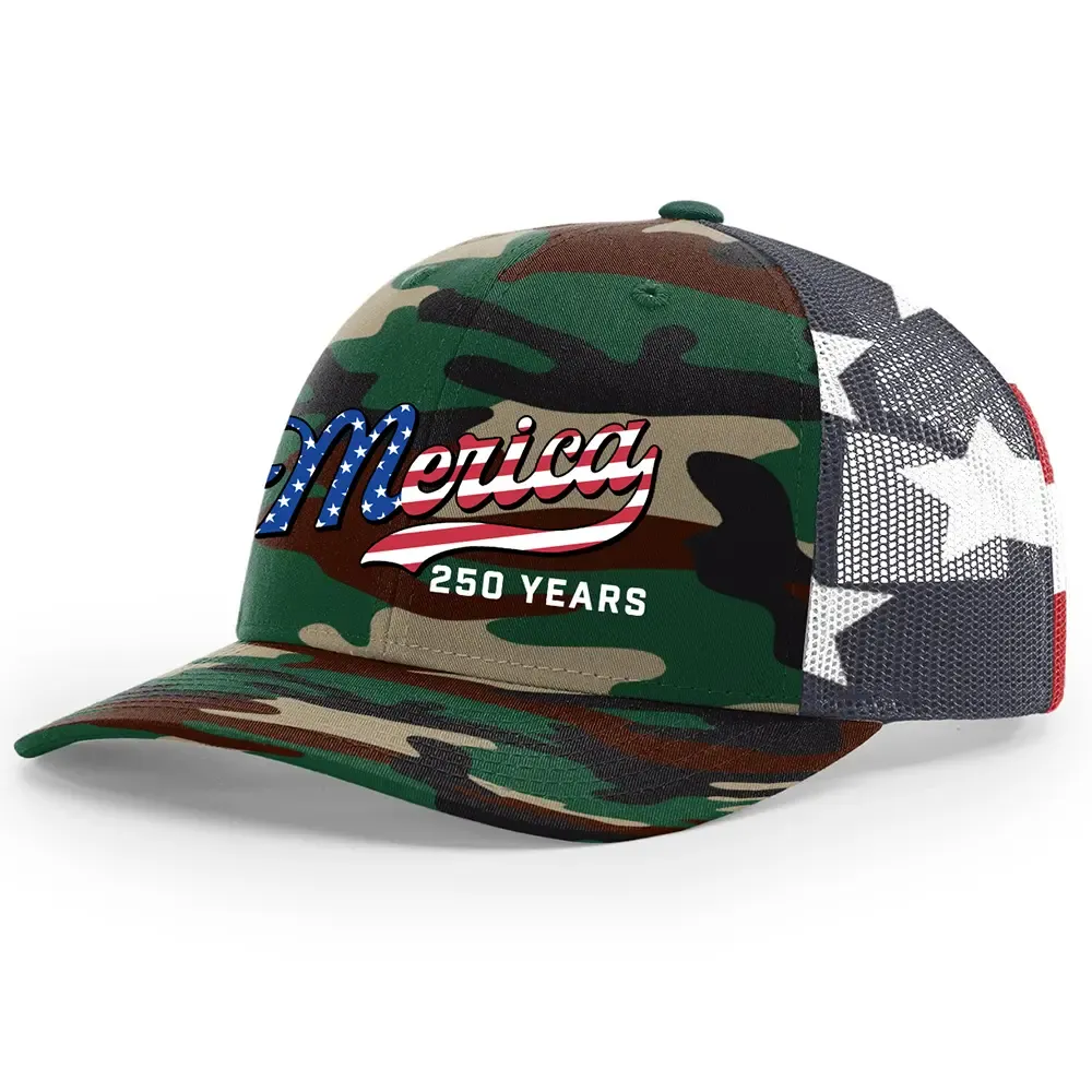 TRENZ SHIRT COMPANY Men's 250th American Anniversary Trucker Hat Patriotic USA Flag 'Merica Beer Logo Embroidered Mesh Back One Size Fits Most