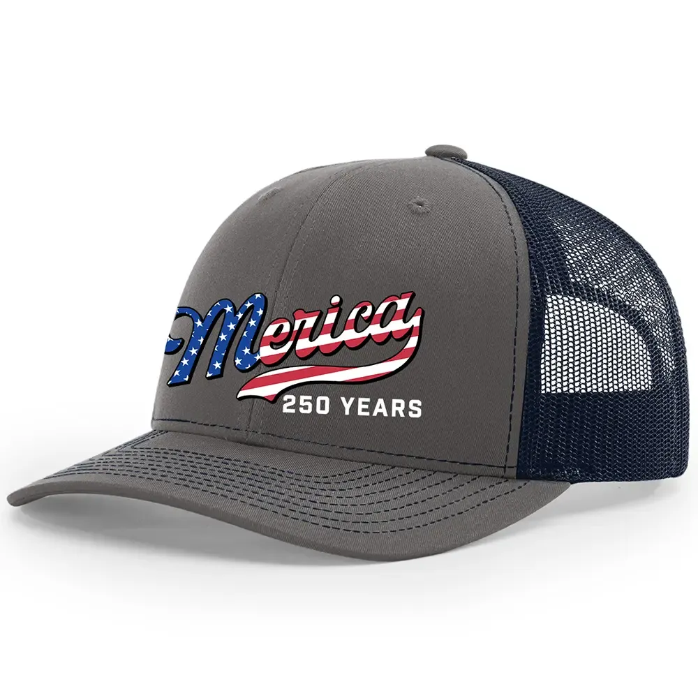 TRENZ SHIRT COMPANY Men's 250th American Anniversary Trucker Hat Patriotic USA Flag 'Merica Beer Logo Embroidered Mesh Back One Size Fits Most