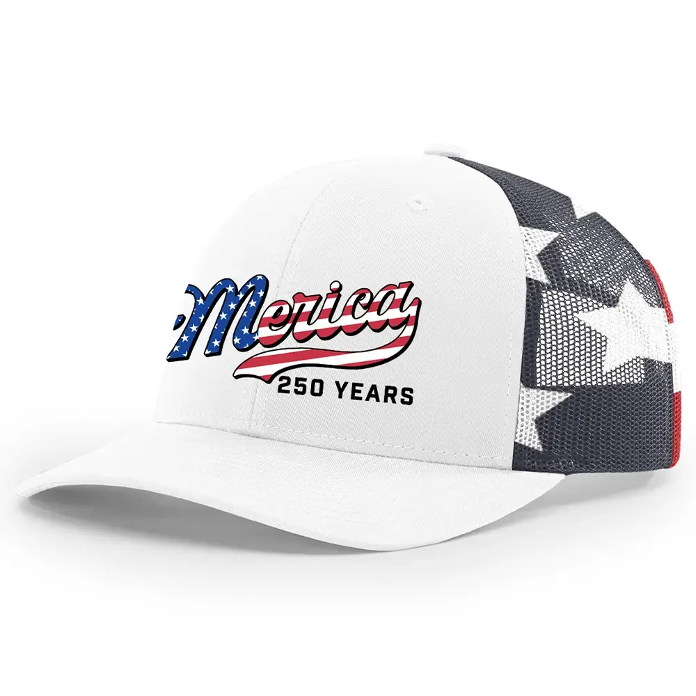 TRENZ SHIRT COMPANY Men's 250th American Anniversary Trucker Hat Patriotic USA Flag 'Merica Beer Logo Embroidered Mesh Back One Size Fits Most