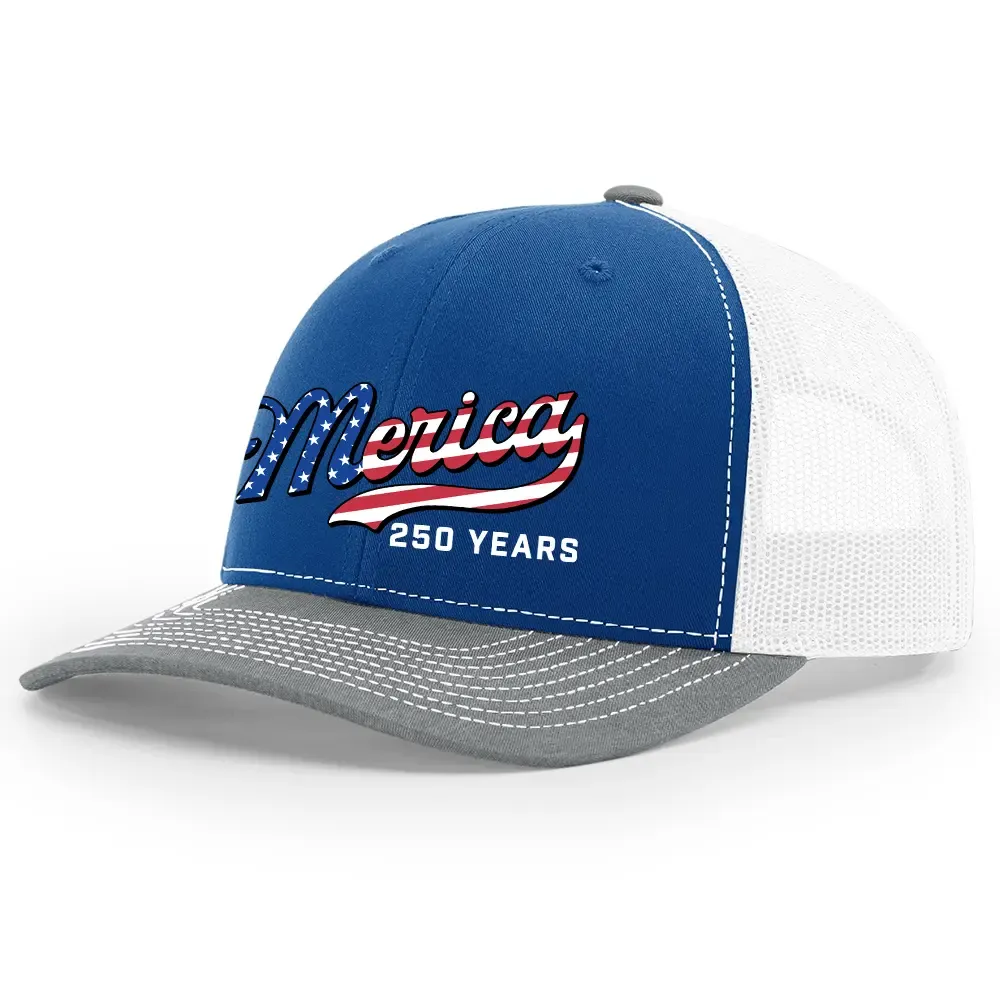 TRENZ SHIRT COMPANY Men's 250th American Anniversary Trucker Hat Patriotic USA Flag 'Merica Beer Logo Embroidered Mesh Back One Size Fits Most