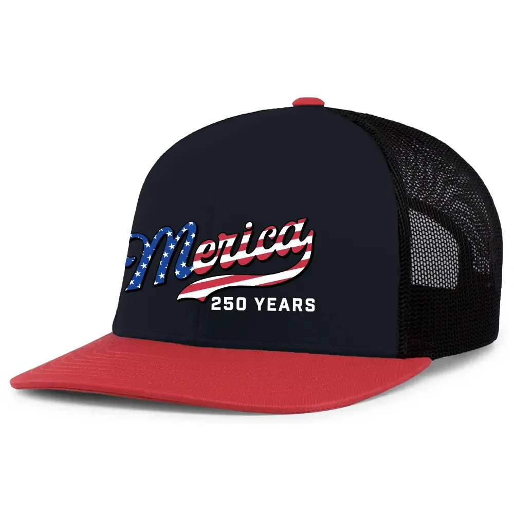 TRENZ SHIRT COMPANY Men's 250th American Anniversary Trucker Hat Patriotic USA Flag 'Merica Beer Logo Embroidered Mesh Back One Size Fits Most