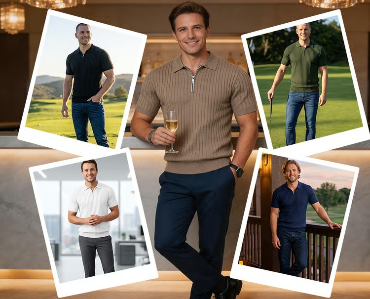 50% OFF Men's Zipper Ribbed Knit Polo Shirt – Sharp Fit Without Stiff Collars