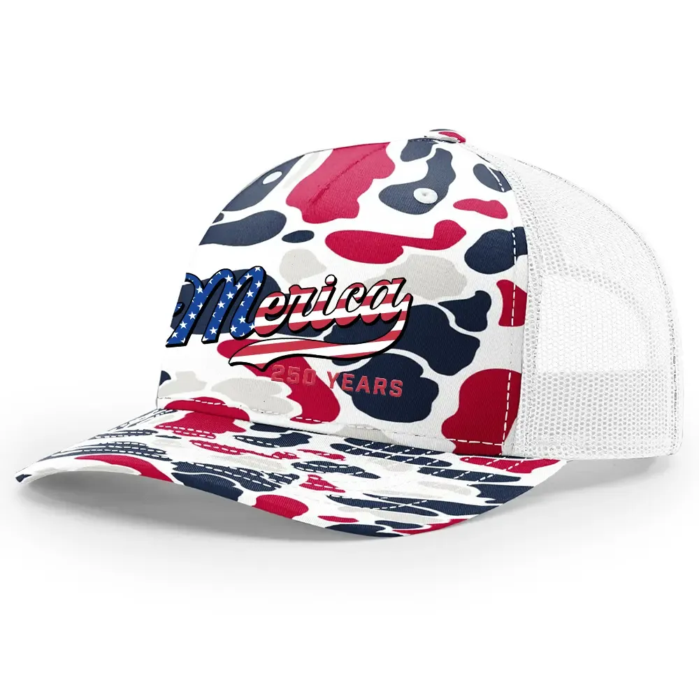 TRENZ SHIRT COMPANY Men's 250th American Anniversary Trucker Hat Patriotic USA Flag 'Merica Beer Logo Embroidered Mesh Back One Size Fits Most