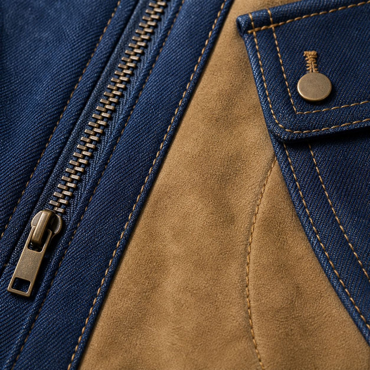 Denim faux suede zipper and pocket button construction close-up