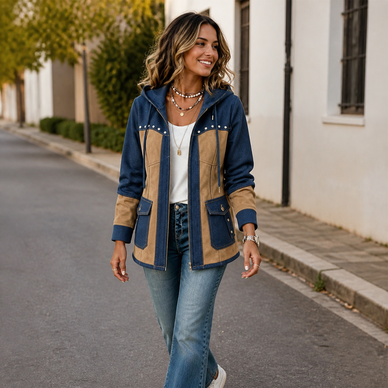 Khaki patchwork hooded jacket in an outdoor walking scene