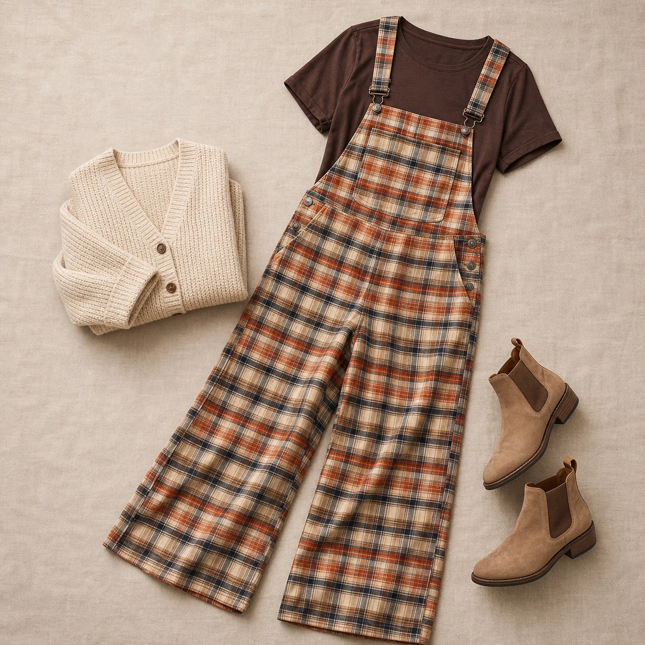 Flat lay of orange plaid wide-leg overalls styled with a brown tee cardigan and ankle boots
