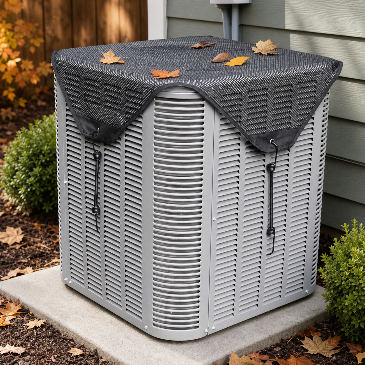 hero - Outdoor AC condenser mesh cover installed to catch fall leaves