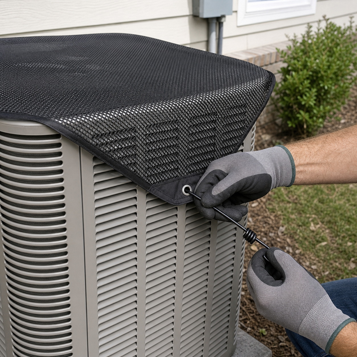 scene1 - Homeowner attaching a bungee hook to the AC condenser grille