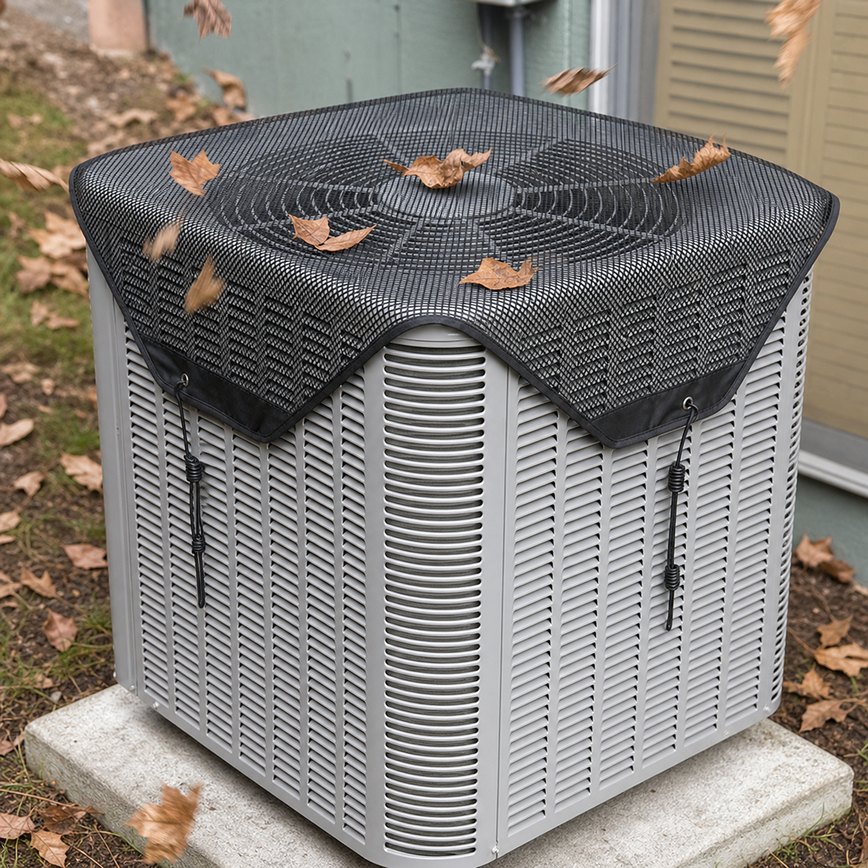 scene2 - Fine mesh top cover catching windblown leaves above the condenser fan