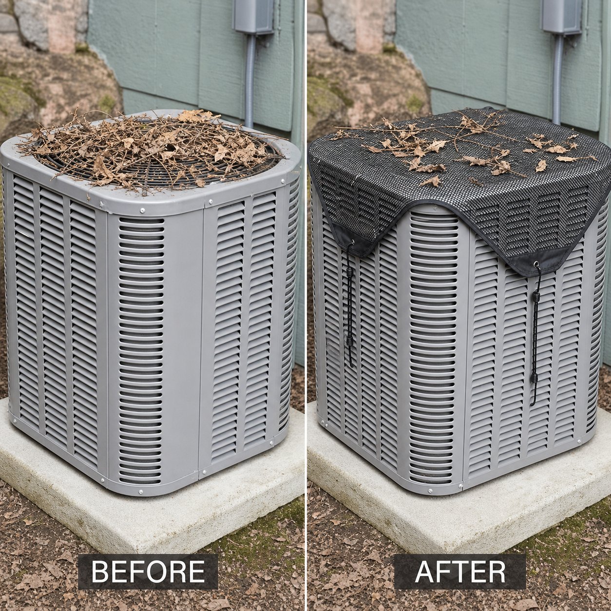 beforeafter - Uncovered leaf-filled condenser compared with a mesh-protected condenser