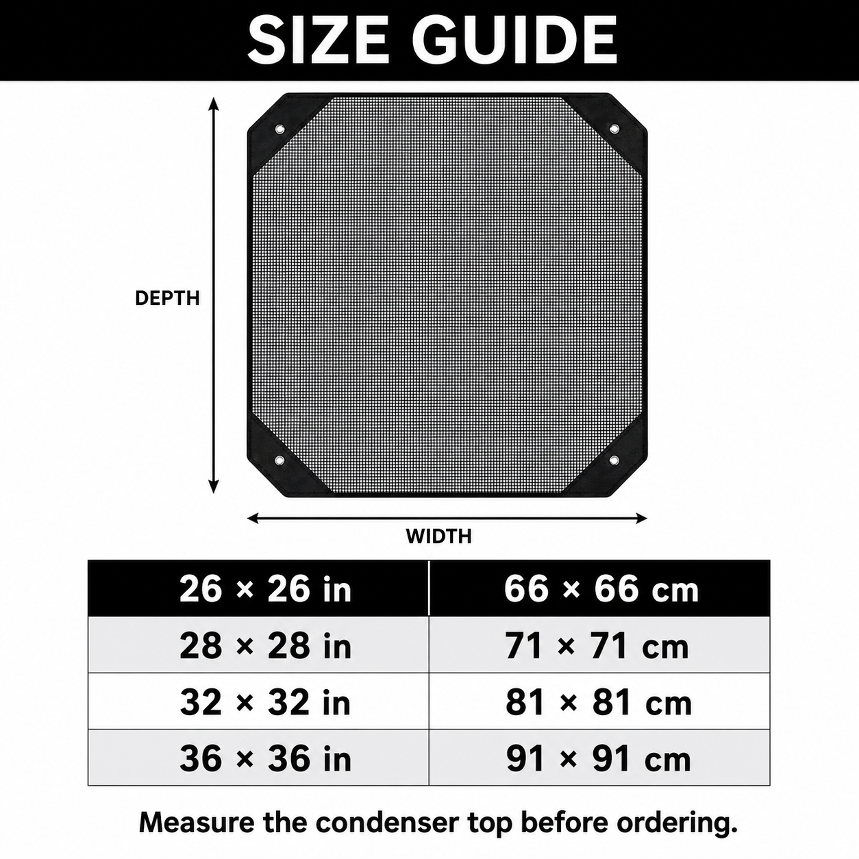 sizeguide - Outdoor AC condenser top mesh cover size guide in inches and centimeters