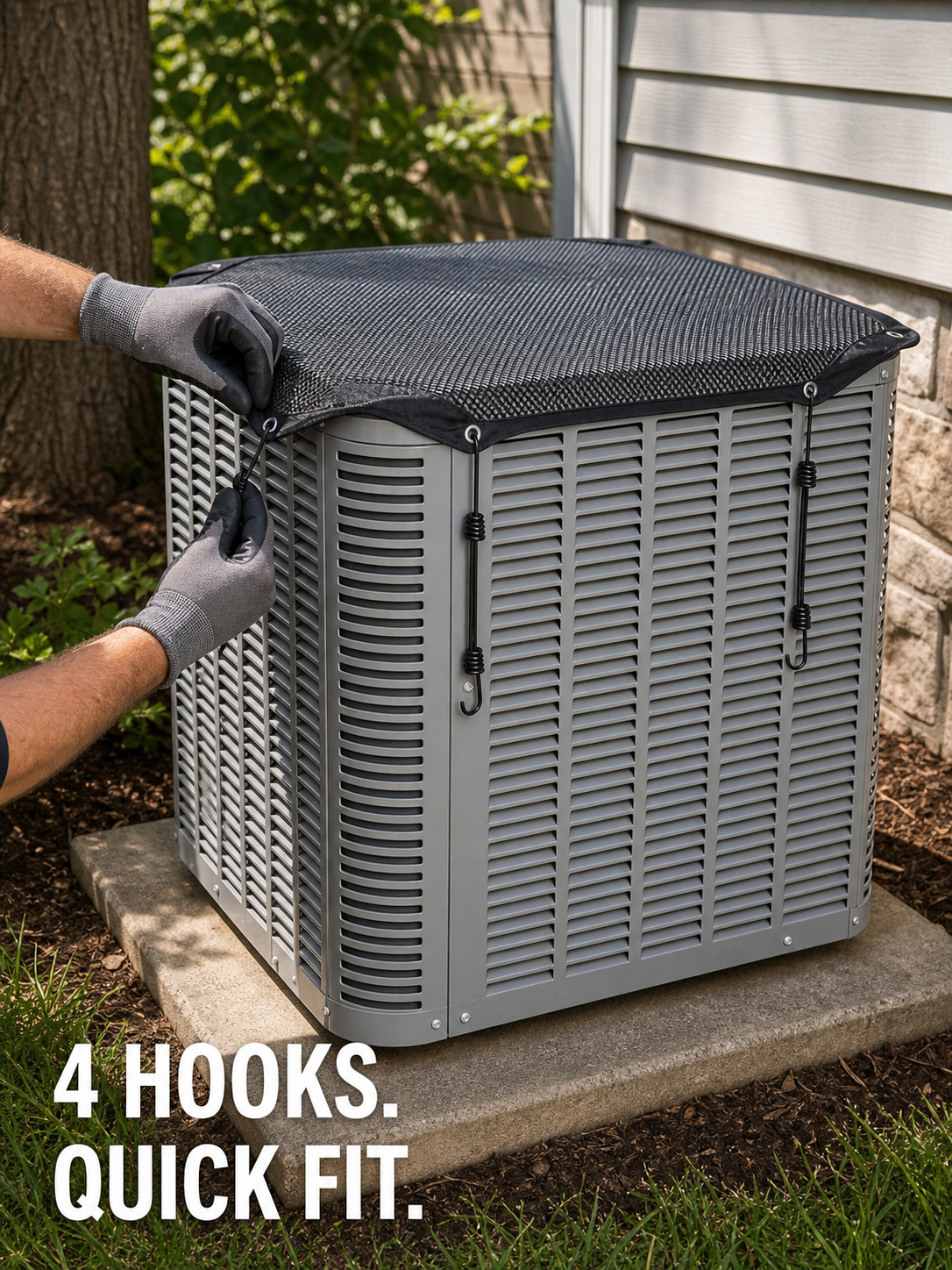Outdoor AC condenser mesh cover with four-hook installation