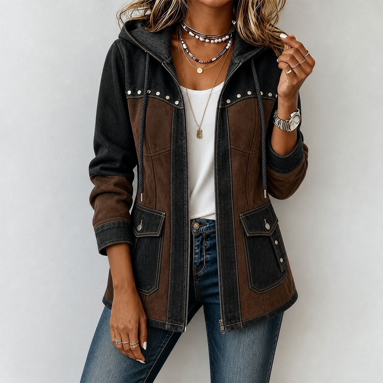 Black denim and faux suede patchwork hooded jacket front view