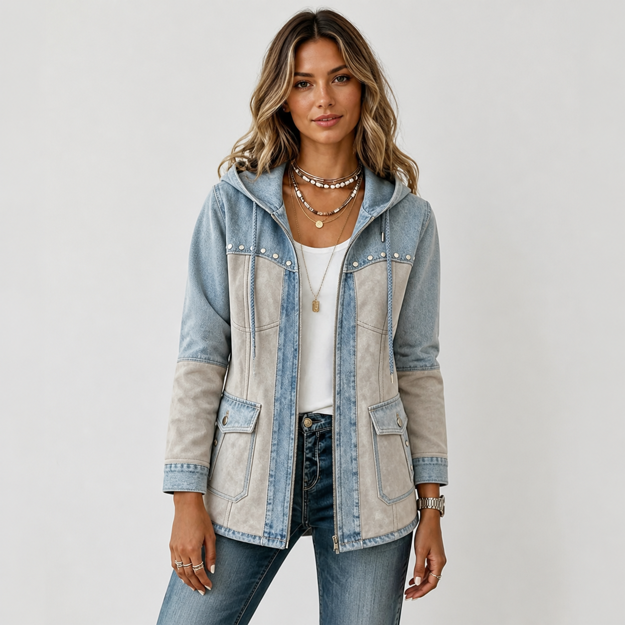 Gray denim and faux suede patchwork hooded jacket front view
