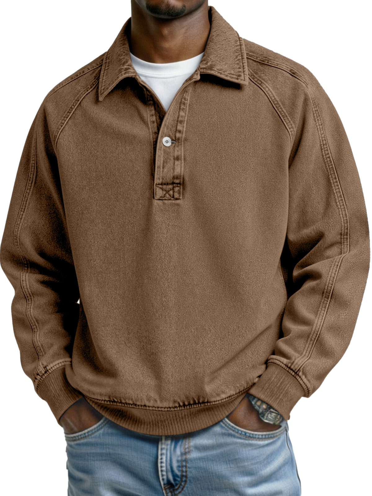 Retro Solid Color Patchwork Design Button Lapel Long-sleeved Polo Shirt