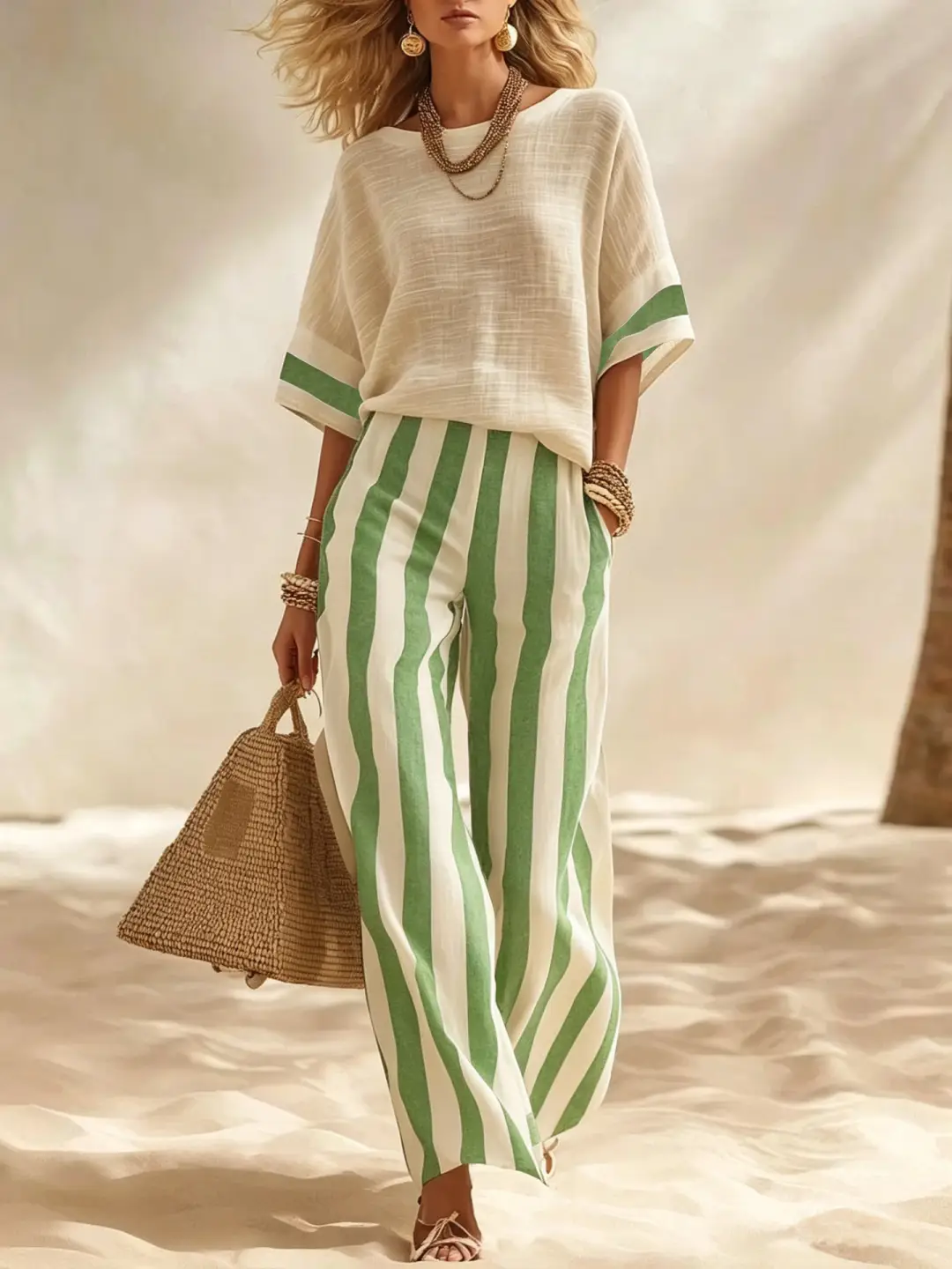 Beige Textured Cotton-linen Color-block Top & Blue-white Striped Elastic Waist Wide-leg Pants Set