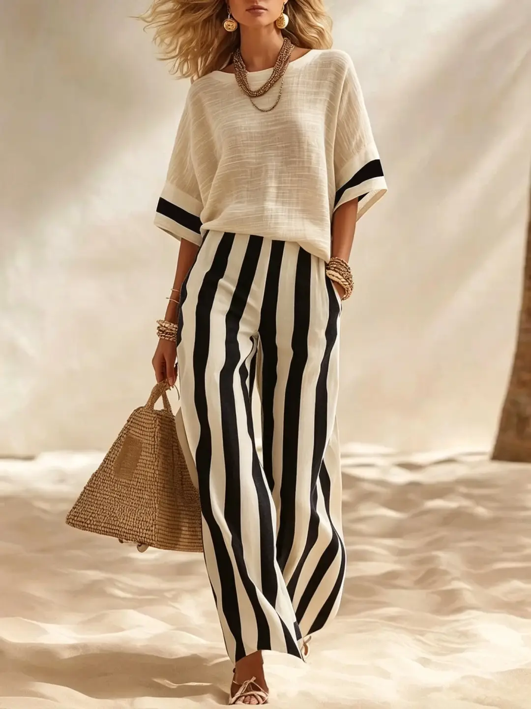 Beige Textured Cotton-linen Color-block Top & Blue-white Striped Elastic Waist Wide-leg Pants Set
