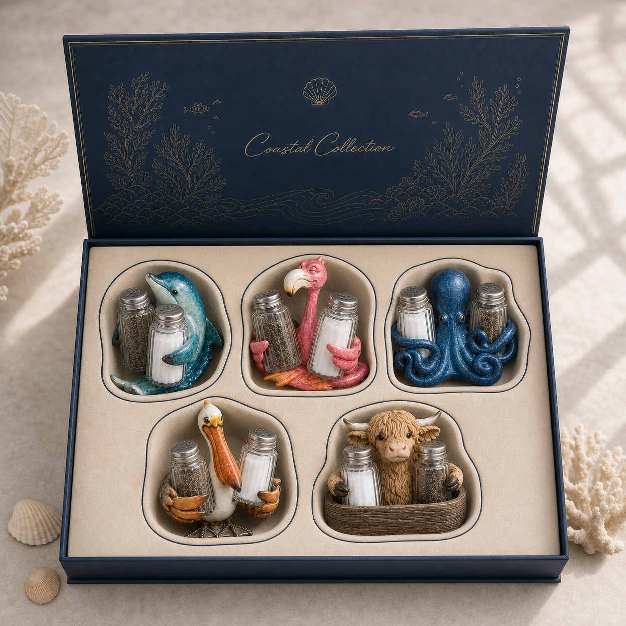 Coastal Animal Salt & Pepper Shaker Holder Set