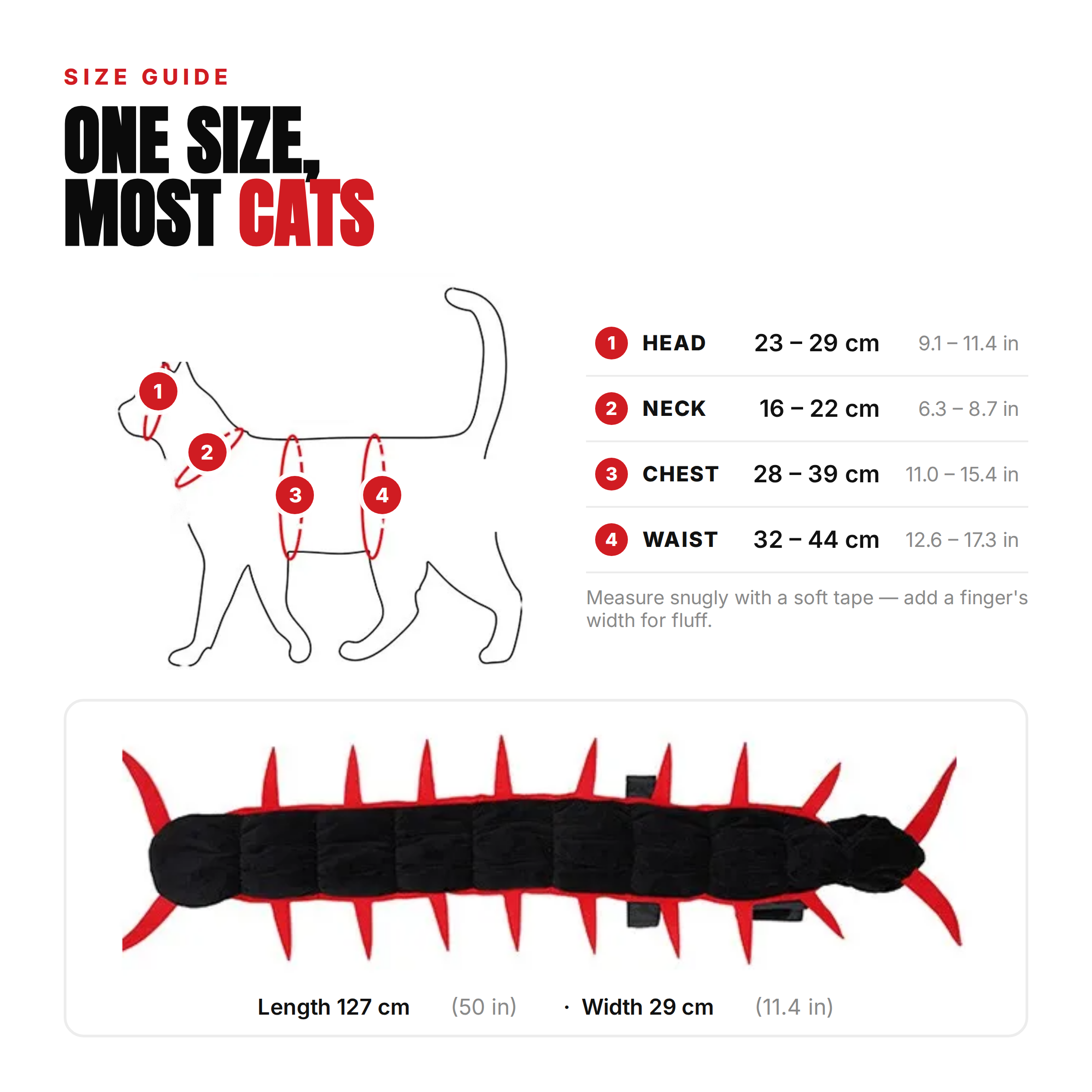Adjustable cat centipede costume size guide